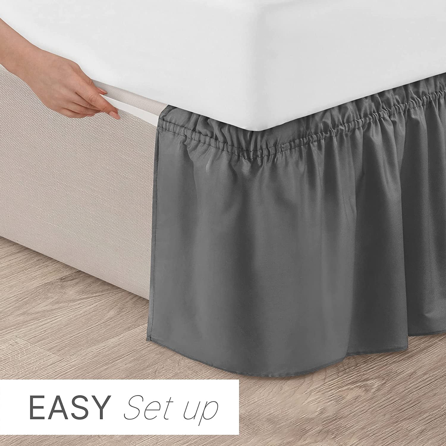 CGK Linens Wrap Around Dust Ruffle Bed Skirt - For Queen Size Bed With 12 Inch Drop, Easy Fit Elastic Strap - Pleated Bedskirt, Gray