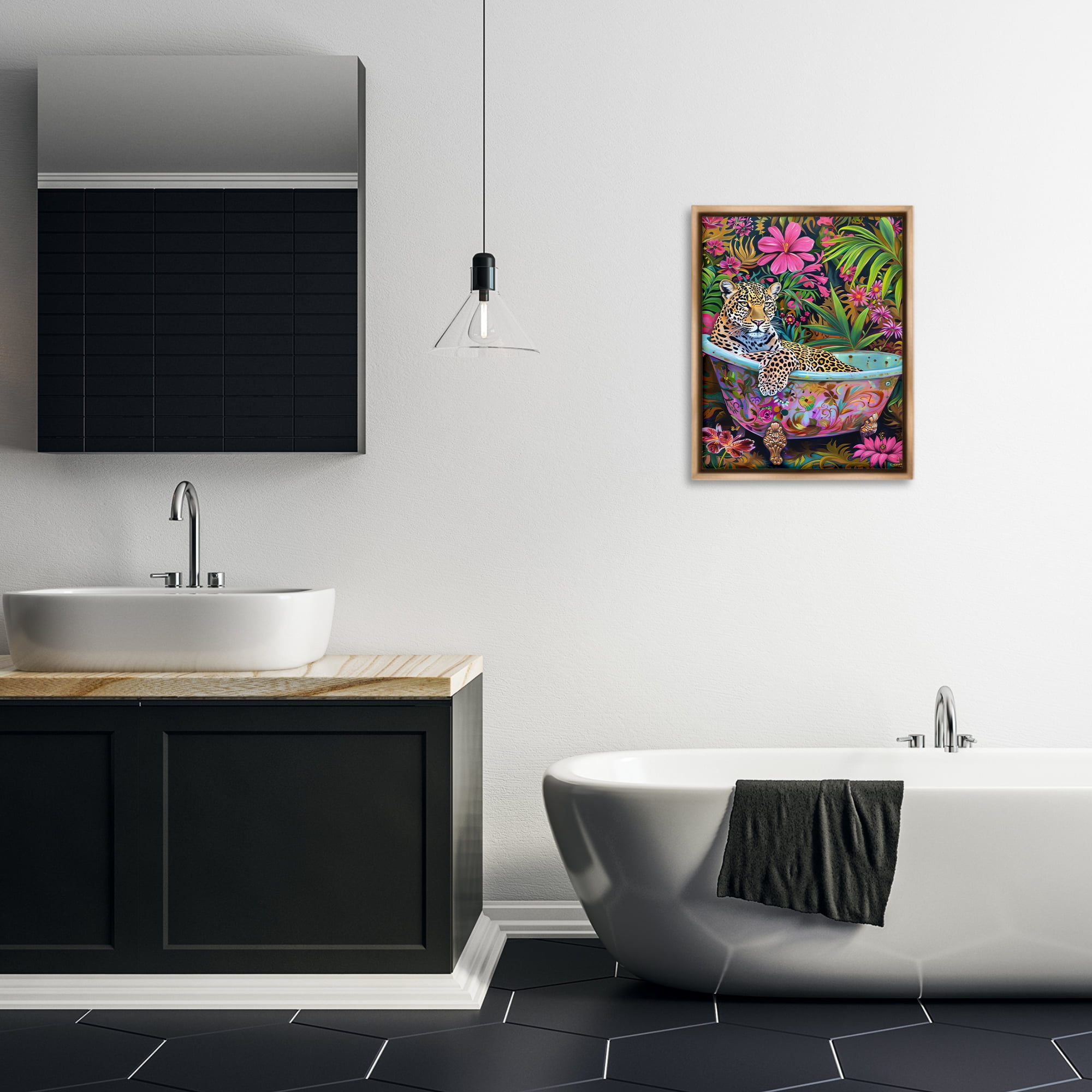 Stupell Industries Tropical Rainforest Leopard Tub Bath & Laundry Painting Brown Floater Framed Canvas Art Print Wall Art, 17 x 21
