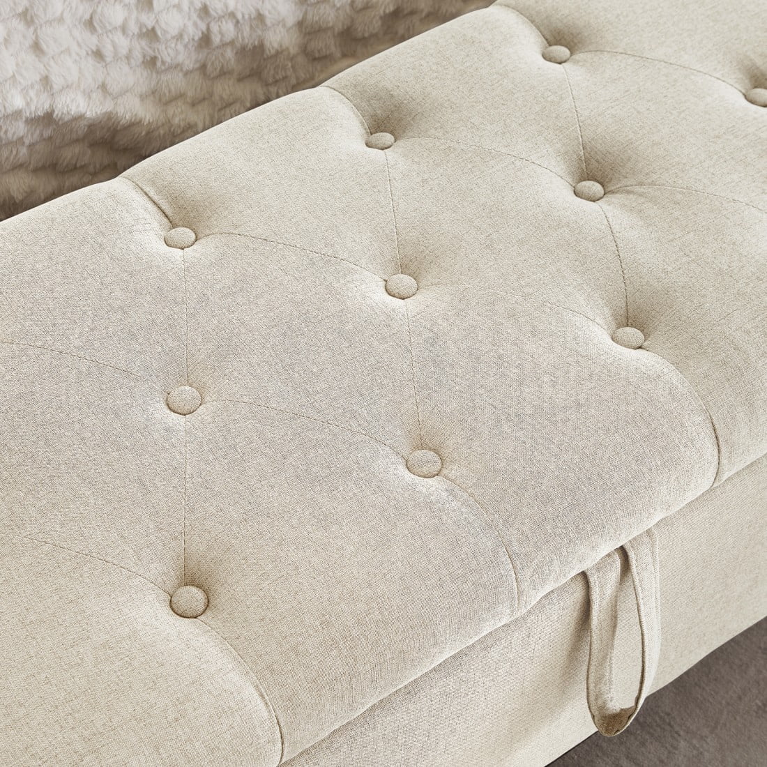 GZXS 45" Linen Upholstered Storage Ottoman Bench with Tufted Padded Seat, Hidden Compartment, and Side Pocket, for Entryway, Foyer, Bedroom or Living Area, Beige
