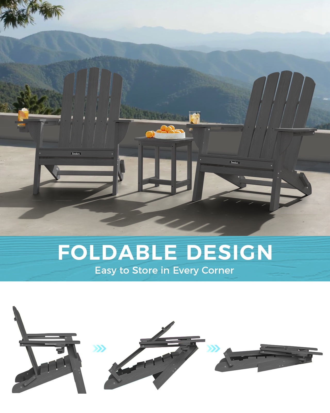 Folding Adirondack Chair, HDPE Patio Adirondack Chair with 2 Cup Holders, All-Weather Outdoor Chairs, Fire Pit Chairs for Patio, Garden, Poolside, Gray