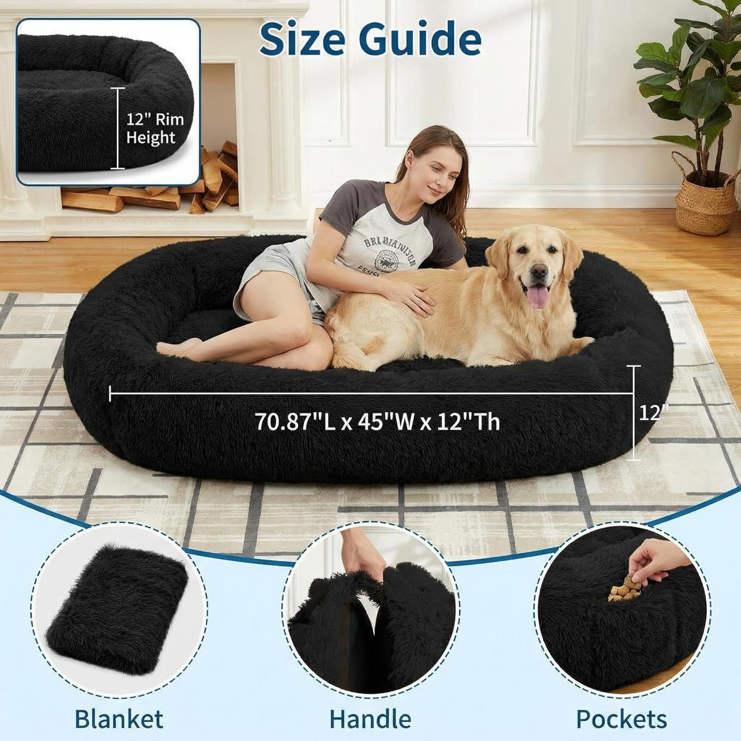 Human Sized Dog Bed, 70.87" x 45" x 12" Large Dog Bed with 2 Storage Pockets, Faux Fur Orthopedic Pet Bean Bed for Adults & Giant Pets - Black