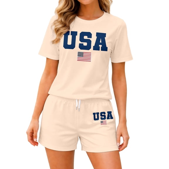 BOOMNY 4Th Of July Womens 2 Peice Sets Patriotic Usa Flag Graphic Short Sleeve Tops Shorts Outfits for Women Independence Day Matching Sets