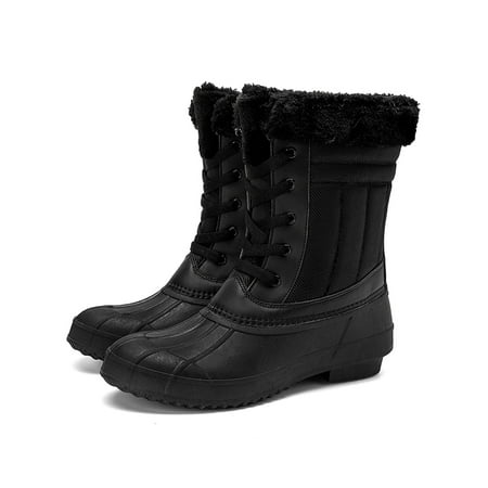

Gomelly Womens Duck Boots Lace Up Ankle Boots Waterproof Booties Mid Calf Warm Plush Lined Snow Rain Boots Black 7.5