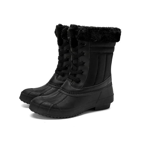 

Ymiytan Womens Winter Duck Boots Two Tone Plush Lined Water Rain Boots Cold Weather Snow Boots Black 5.5