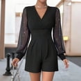 thumbnail image 6 of Tawop Womens Dress Jumpsuits Women's V-Neck Fitted Waist Long-Sleeved Mesh Patchwork Straight-Leg Shorts Jumpsuit, 6 of 8