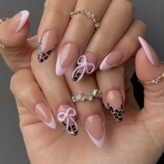 Long Lasting Presses On Nails French Manicure Design Leopards Print Bows and Sweet Pastel NonToxic Nails Art For Women