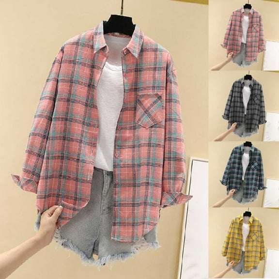 FNFYFH Women's Shacket Jacket Casual Fall Loose Fit Plaid Shirts Lightweight Fashion Blouses Button Down Shirt Outerwear