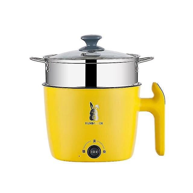 electric skillet 1.8l high capacity multi function kitchen appliances hot pot mini non-stick food noodle cooking skillet egg ste Yellow Olla eléctrica multi‑función 1.8L vista frontal con cuerpo cilíndrico amarillo, mango ergonómico a la derecha, inserto de acero inoxidable tipo vaporera, tapa de vidrio y perilla giratoria frontal; indicada para dormitorio, oficina o casa, también adecuada para preparar fideos o cocinar huevos.
