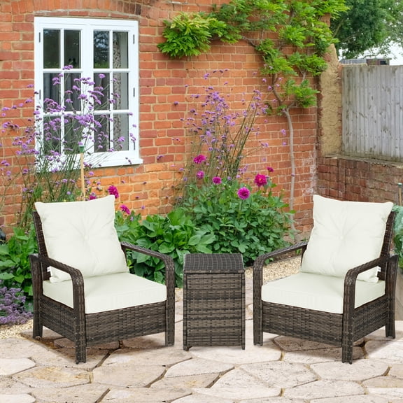 Outsunny 3 Piece Patio Furniture Set, PE Rattan Wicker Storage Table and Chairs w/ Tufted Cushions, Beige