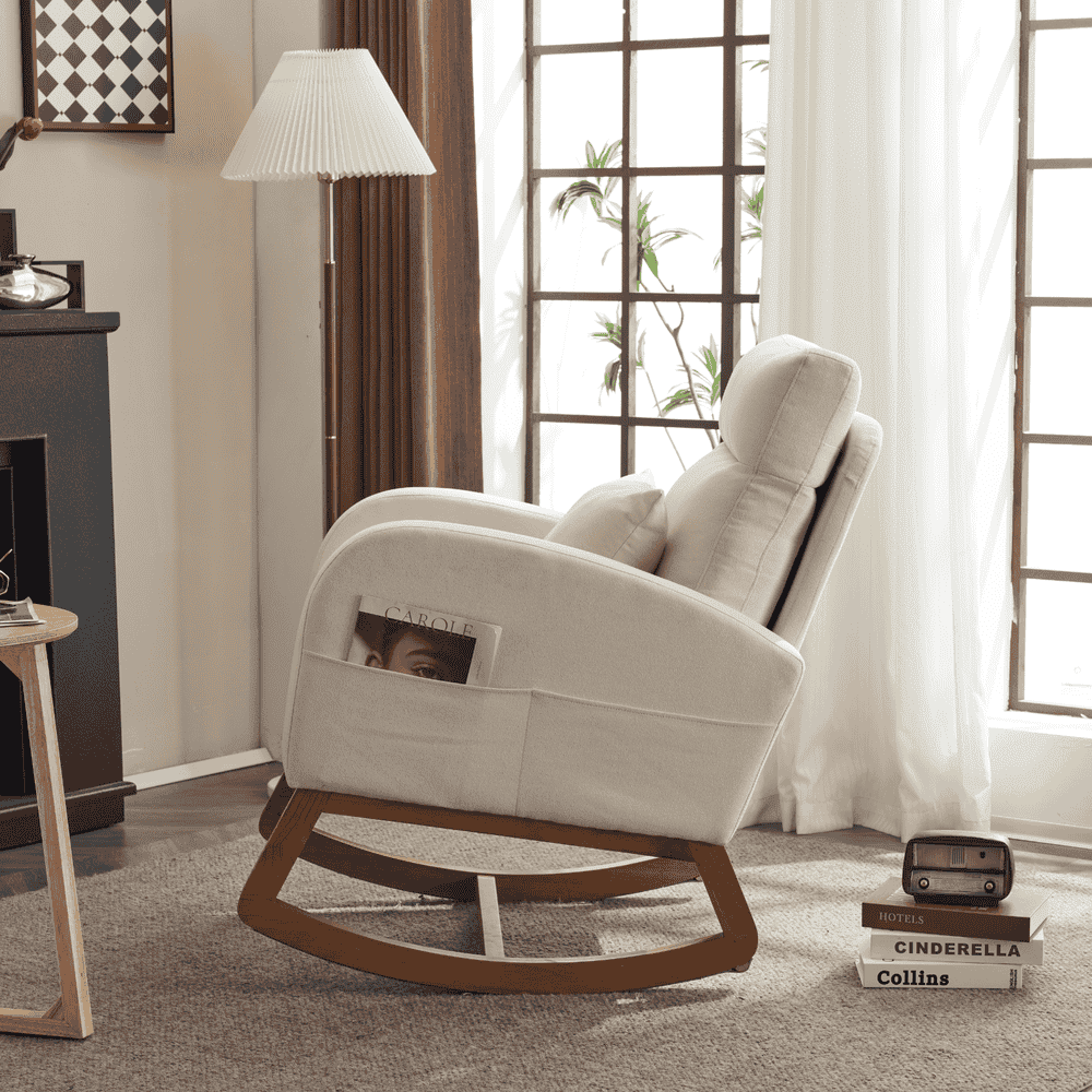 Spaco Linen Rocking Chair with Thick Headrest, Upholstered Mid-Century Modern Nursing Rocker Glider with Curved Armrest and Sturdy Solid Wood Base for Living Room, Bedroom, Baby Room, Beige