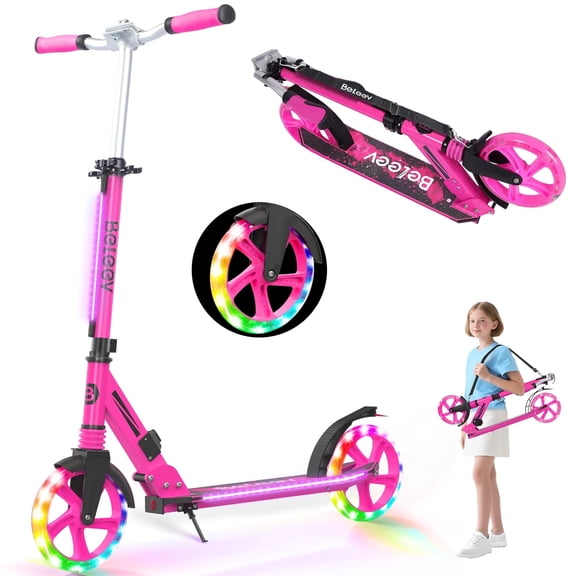 BELEEV Kick Scooter for Ages 6 ,Kid, Teens & Adults. Max Load 220 LBS. Foldable, Lightweight, 8IN Big Wheels for Kids, Teen and Adults, Rose Pink