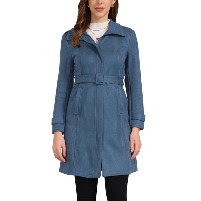 Abrigo de ante sintético INSPIRE CHIC para mujer, chaqueta larga con cinturón y cremallera, diseño a la moda, color azul