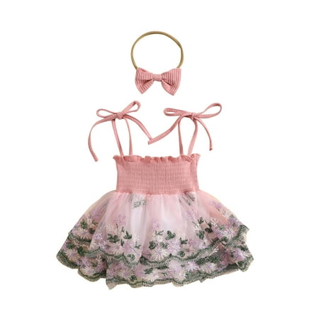 

Mioliknya Girl Summer Jumpsuit Floral Embroidery Mesh Romper Dress and Headband