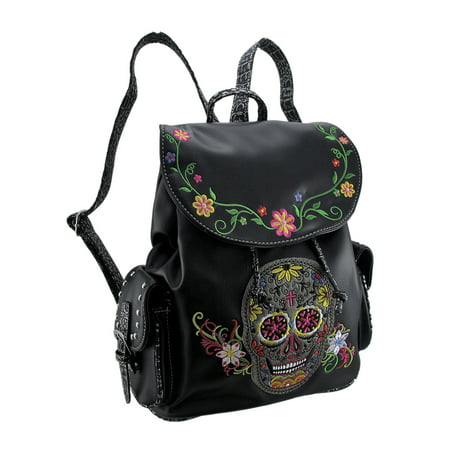 Zeckos - Embroidered Sugar Skull and Floral Trim Concealed Carry Backpack - Black - Size