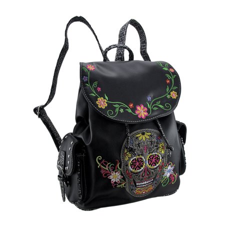 Zeckos - Embroidered Sugar Skull and Floral Trim Concealed Carry Backpack - Black - Size (Best Small Carry On Backpack)