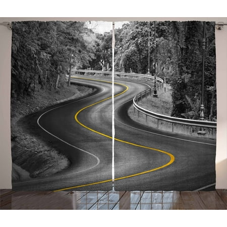 Yellow Living Room Curtains Black and White Decorations Curtains 2 Panels Set, Curvy Asphalt Road with Yellow Line Nature Forest Trees, Window Drapes for Living Room Bedroom, 108W X 90L Inches, Black Grey Yellow, by Ambesonne ()