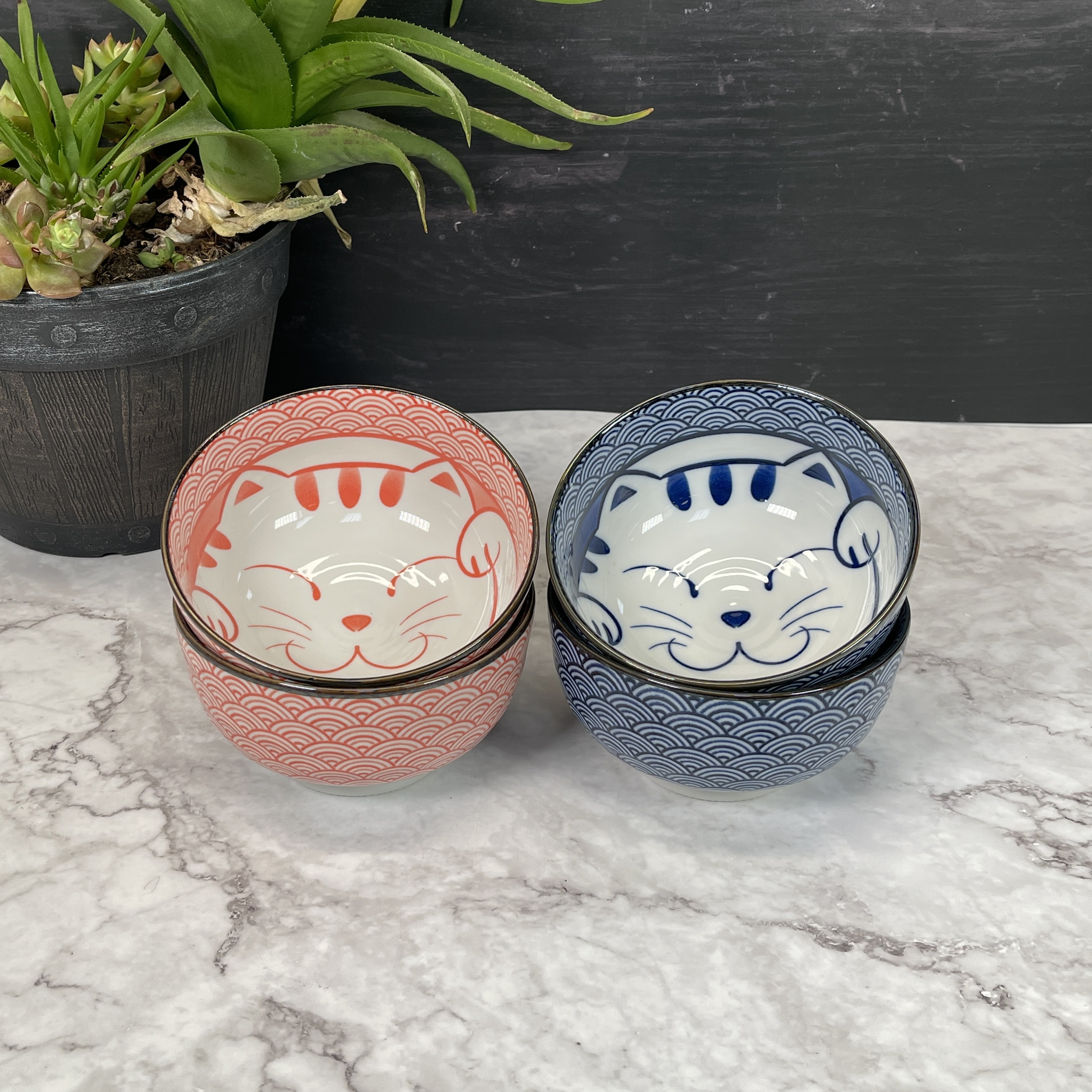 4 pcs Ceramic Lucky Cat Bowl Gift Set Blue Pink, Dinning Bowl