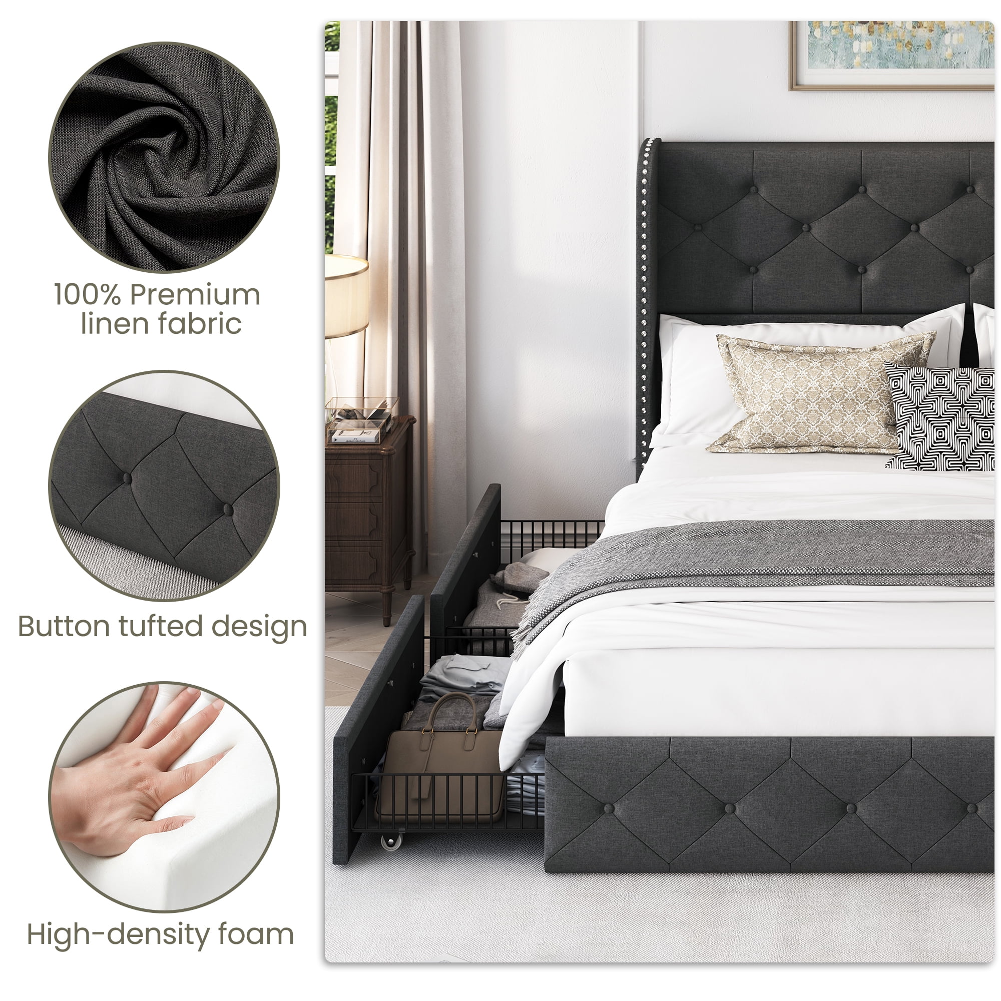 Breltam Full Size Bed Frame with 4 Storage Drawers, Wingback Tufted Headboard, LED Lights, Dark Grey Velvet Upholstered Platform Bed, No Box Spring Needed