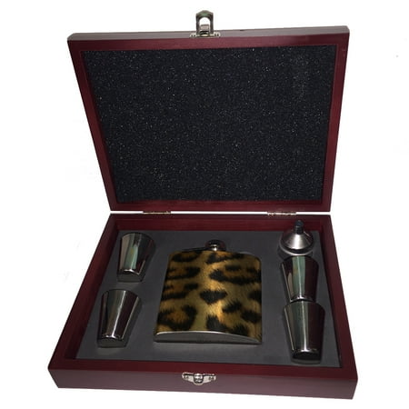 

KuzmarK 6 oz. Stainless Steel Flask Set in Rose Wood Presentation Box - Leopard