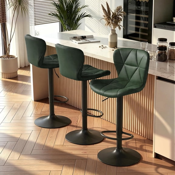 Modern Bar Stools Set of 3, Adjustable Faux Leather Upholstered Swivel Bar Stools, Counter Height Bar Chairs with Back for Kitchen Island, Green