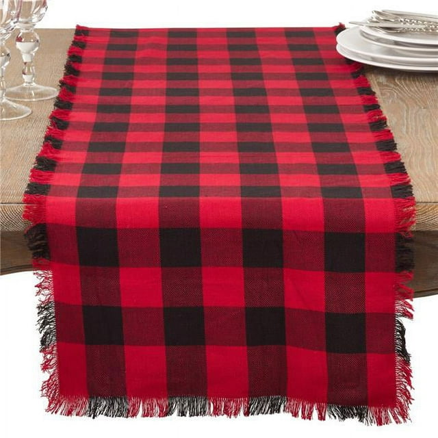 Saro Lifestyle Chemin de Table Rectangulaire en Coton à Carreaux Buffalo 16 x 72 Po, Rouge, Design à Franges
