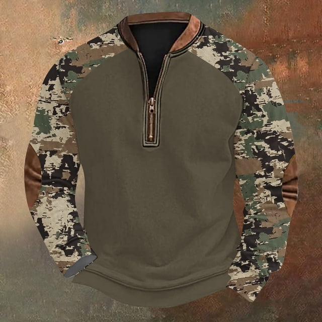 Blusas y camisas de manga larga con cuello redondo para hombre, talla grande, media cremallera, cuello redondo, estampado vintage de camuflaje, blusa de poliéster de manga larga para hombre