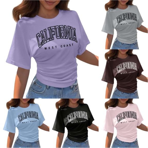 Trendfront Womens California Graphic T Shirt Letter Print Varsity College Style Crewneck Short Sleeve Tee Retro Casual Streetwear Summer Tops