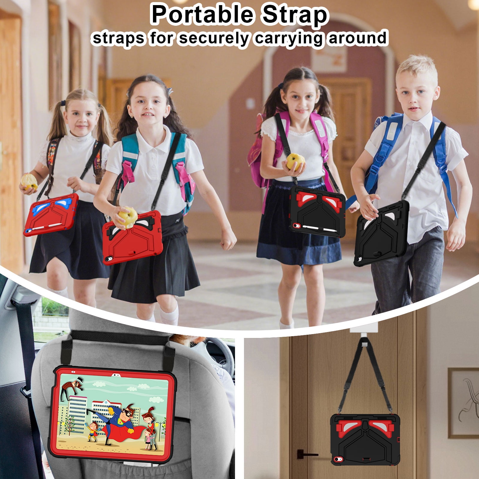 Dteck Case for 2025 Apple 11-inch iPad A16/ 10.9-inch iPad 10th Generation 2025 Cover with Pencil Holder Screen Protector Shoulder Strap Kicsktand Thickned Cornor for Kids Boys,Black Red