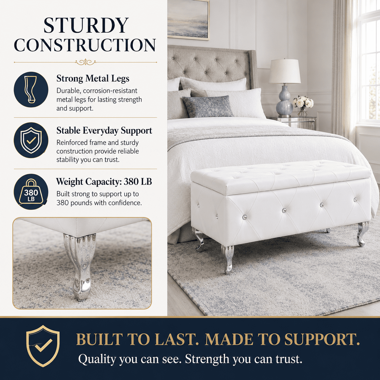 Aukfa 38" Upholstered Storage Ottoman Bench with Hidden Storage, Crystal Tufted Faux Leather Bed Bench, 380 lb, White