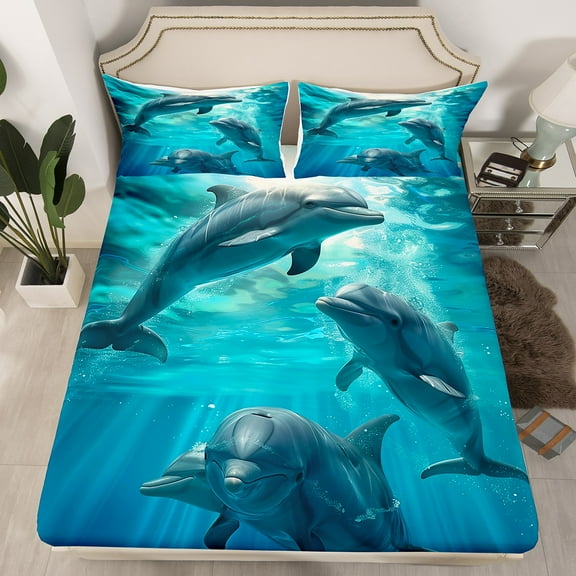 Erosebridal Blue Ocean Dolphin Fitted Sheet Full Size Cute Dolphin Animal Theme Bed Sheets,Marine Creatures Teal Room Decor All Season(No Top Sheet