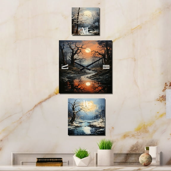 Designart "Winter's Moonlit Silhouettes" Trees Extra large Clock For Office Décor - Large Traditional Wall Clock - Oversized Silver Wall Clock - Set Of 3