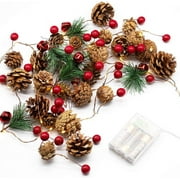 Christmas Garland String Lights, Pine Cone Light Battery Operated with Red Berry and Bells, 6.56ft 20 LED Indoor/Outdoor Fairy Light for Xmas Party New Year Thanksgiving Decorations
