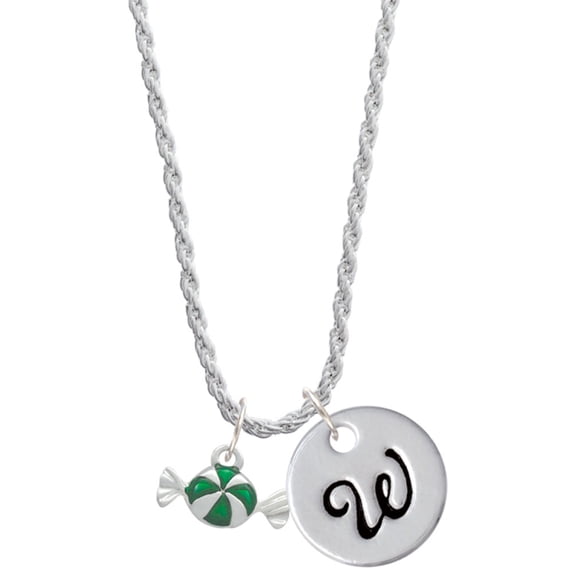 Delight Jewelry Silvertone Green Peppermint Candy Silvertone Script Initial Disc - W - Charm Necklace, 20"+3"