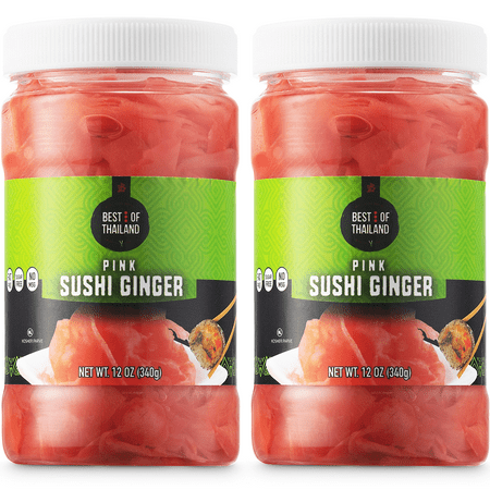Best of Thailand Japanese Pink Pickled Sushi Ginger | No MSG | 2 Jars of 12oz Fresh Sliced Young Gari Pickled Ginger in Sweet Pickling Brine with Color | Fat-Free  Sugar-Free  Kosher