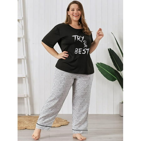 

FridayIn Casual Round neck Solid color Printing Loose Female Pajama