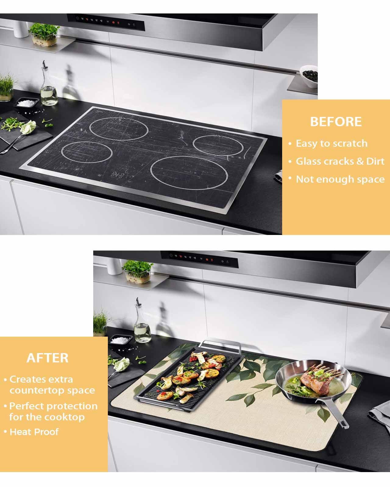 nqOlkjepod Large Induction Cooktop Protector Mat 24"x21", Spring Leaves Stove Top Covers for Electric Stove, Pastoral Botanical Green Plants Decorative Stove Burner Cover Mats, Glass Top Stove Cover