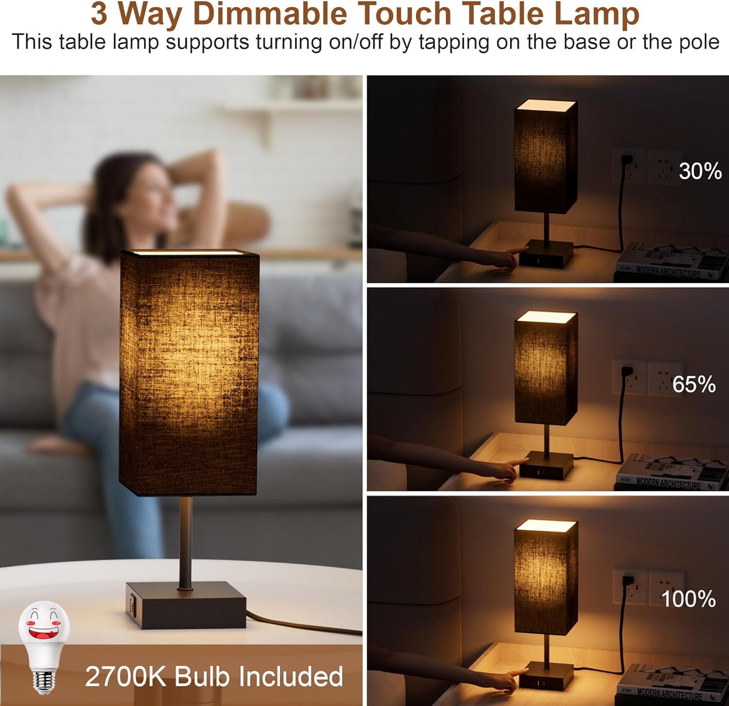 Hansang Bedside Table Lamps Set of 2, Touch Bedroom Lamp with USB C+A Charging Ports, 3 Way Dimmable Lamps for Night Stands, LED Bulbs Included