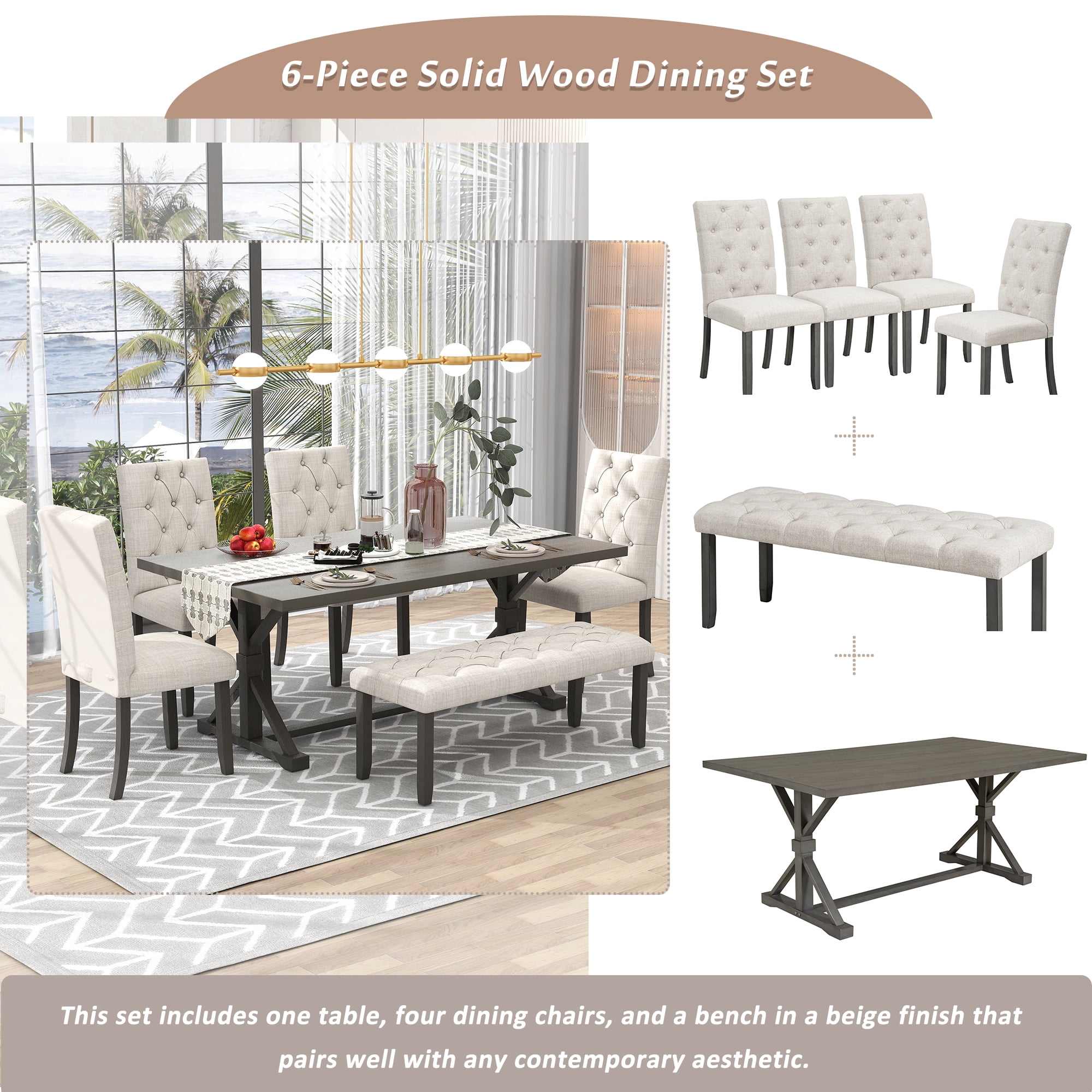 Howcool 6-Piece Farmhouse Dining Set, 72" Rectangular Wood Table, 4 Upholstered Chairs & Bench, Gray