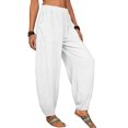 thumbnail image 3 of Women's Linen Harem Pants with Pockets | Loose Fit Wide Leg Elastic Waist Cropped Pants, Lightweight Breathable, Lounge & Casual Summer Trousers White S, 3 of 6
