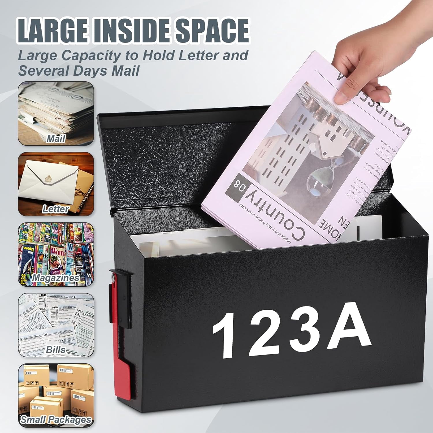 Wall Mount Mailboxes for Outside with Flag and Number Stickers,Galvanized Steel Rust-Proof Metal Post Box,Large Capacity Mail Box for House,15.7"x9.9"x4.9" Black