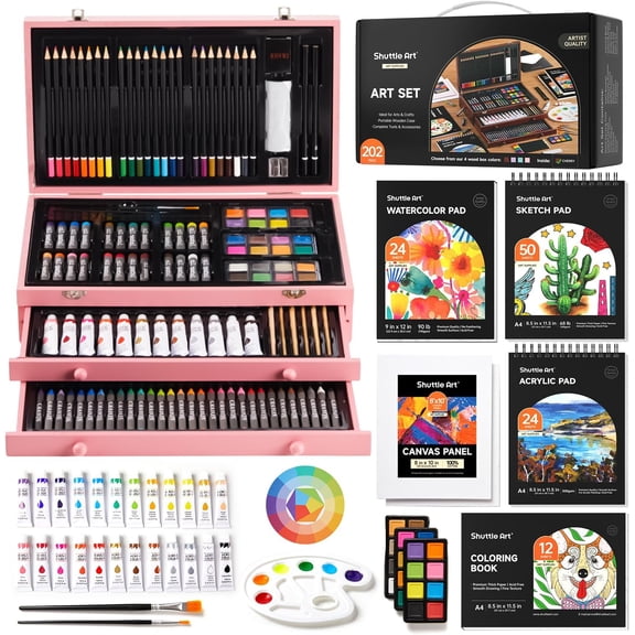 Shuttle Art Deluxe Gift Art Kit, 202-Piece Wooden Art Supplies Set with 4 Drawing Pads, Canvases, Coloring Sheets, Acrylic Paint, Crayons, Oil Pastels, Colored Pencils