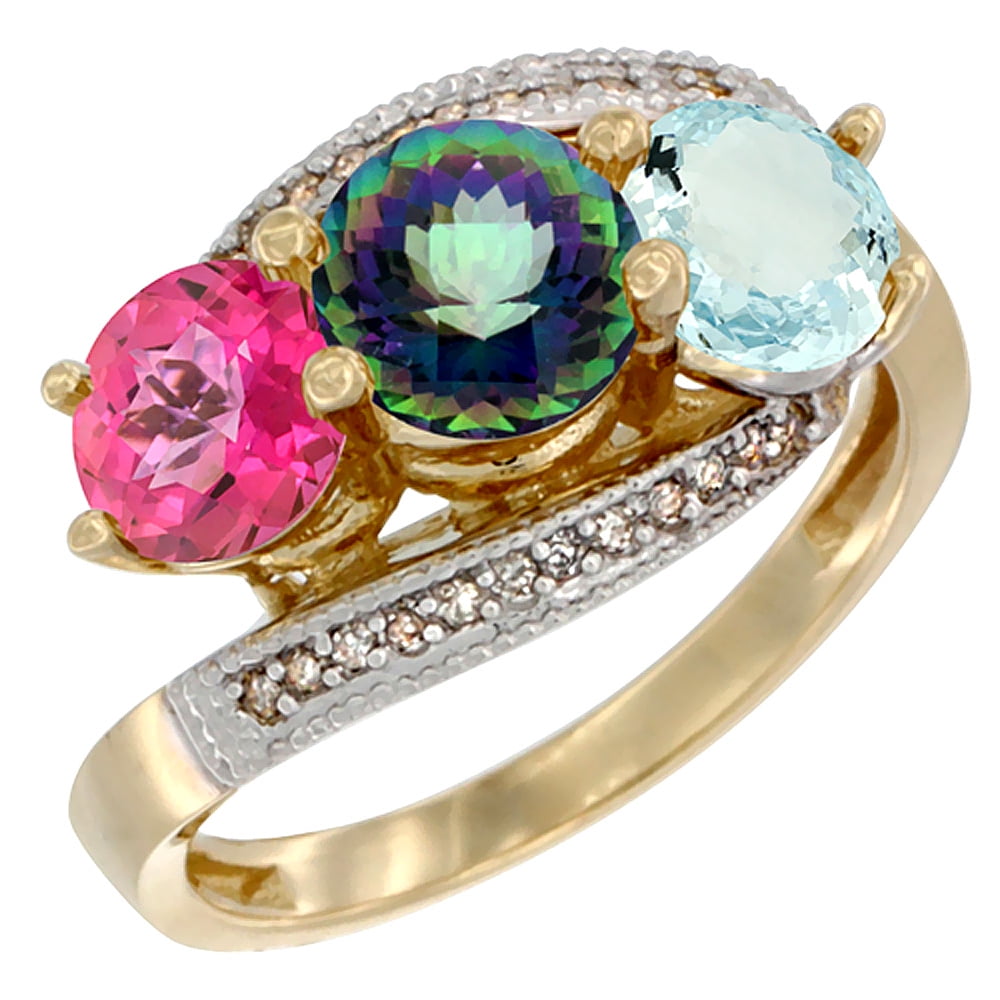 14K Yellow Gold Natural Pink Topaz, Mystic Topaz & Aquamarine 3 stone Ring Round 6mm Diamond Accent, size 5.5 by Gabriella Gold