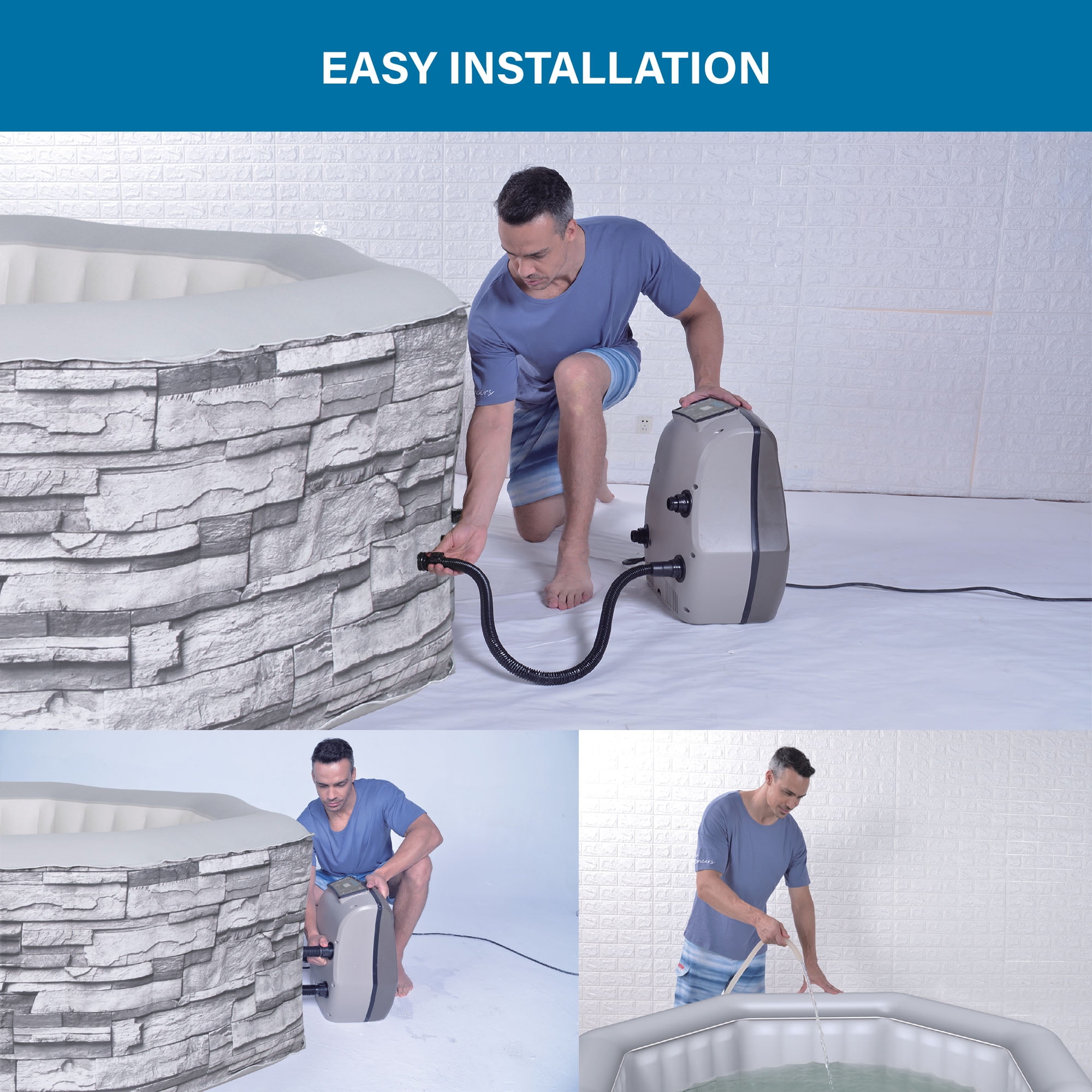 Avenli Vermont 3-5 Person Inflatable Hot Tub Spa + Cover, Gray Brick Pattern, Rapid Heating up to 104°F, 120 Water Jets, 211 gal, Octagon