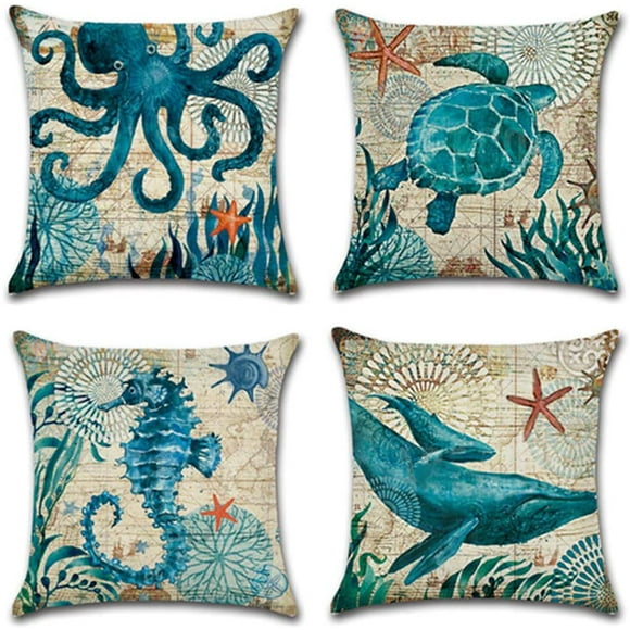 4Pcs Ocean Park Theme Square Cotton Linen Throw Pillow Case Cushion Cover Turtle Seahorse Whale Octopus Retro Throw Pillow Case Decorative Cushion Cover Pillowcase Blue Sea Series 18" x 18"