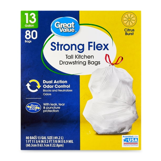 Great Value Strong Flex 13Gallon Drawstring Tall Kitchen Trash Bags