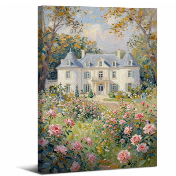 Framed Chateau Rose Garden Canvas Wall Art Decor,omantic Countryside Floral Mansion Artwork abstract canvas print for bathroom bedroom living room