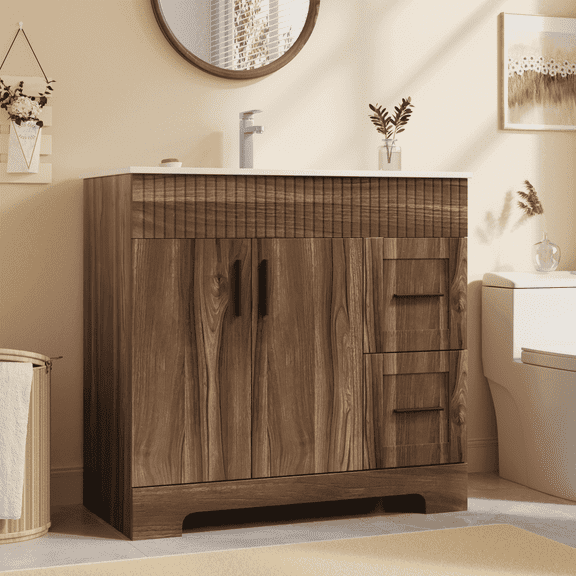 EROMMY 36 Inch Bathroom Vanity with Ceramic Sink, Wooden Bathroom Sink Vanity with a Door & 2 Drawers, Freestanding Bathroom Sink Cabinet (Walnut)