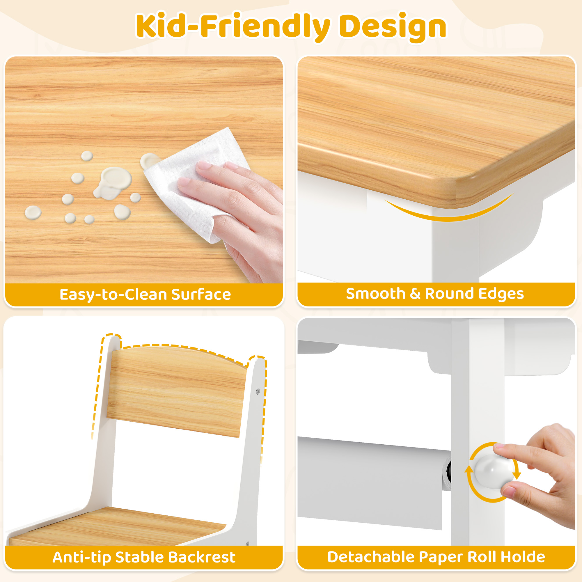 Kids Art Table and Chair Set with Storage Bins & Paper Roll, Toddler Activity Desk for Drawing Play Learning，Natural