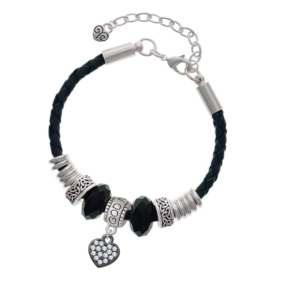 Delight Jewelry Black Nickeltone Clear Crystal Heart Godmother Celtic Knot Leather Bead Bracelet, 7" 2" Extender