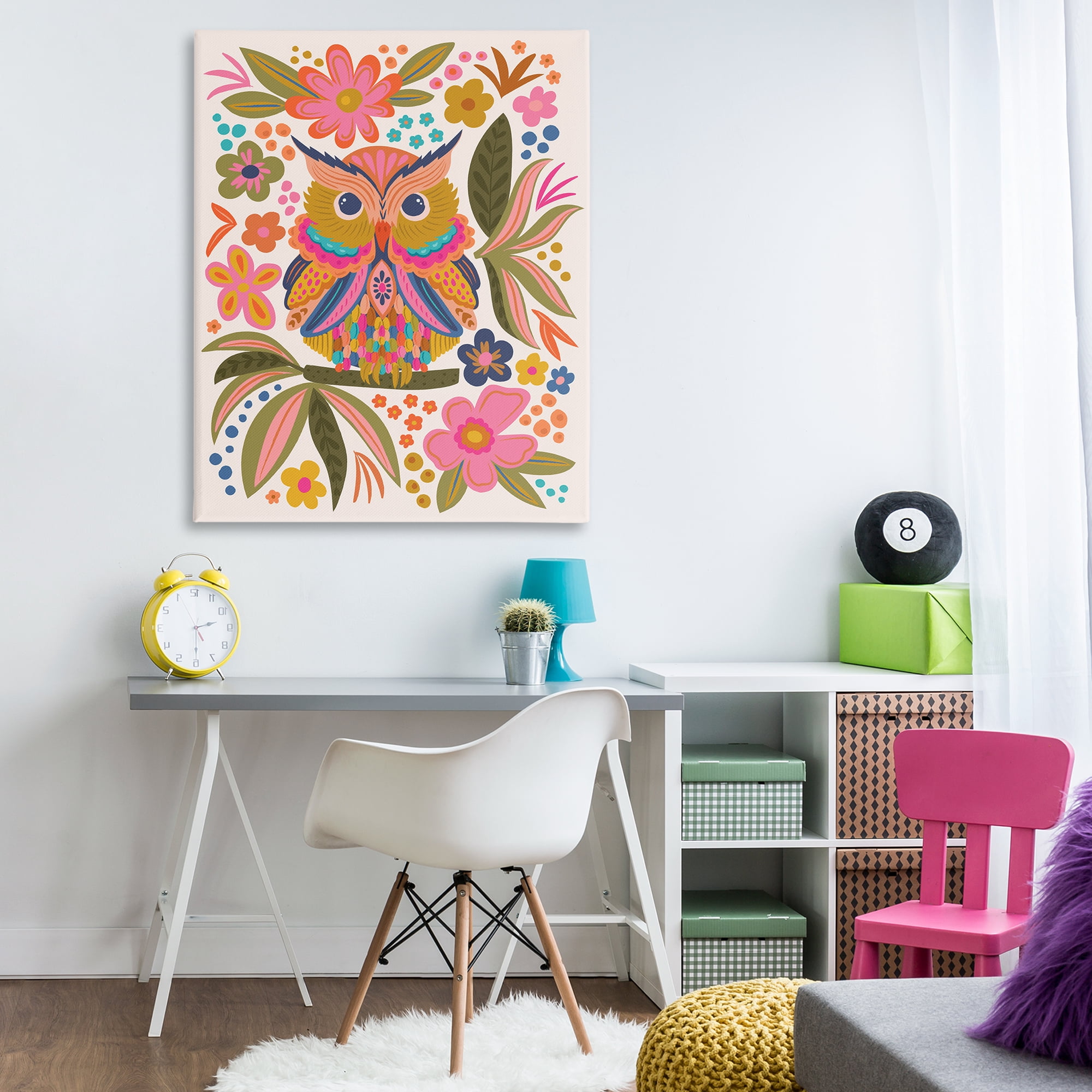 Stupell Industries Eclectic Owl & Flowers Animals Painting Wrapped Canvas Art Print Wall Art, 36 x 48